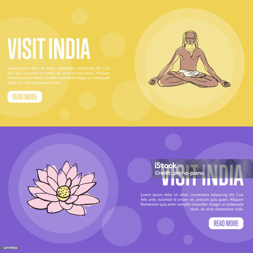 Visit India Touristic Vector Web Banners Visit India horizontal banners. Old yogi man and lotus flower hand drawn vector illustrations. Web templates with country related doodle symbols. For travel company landing page design Adult stock vector