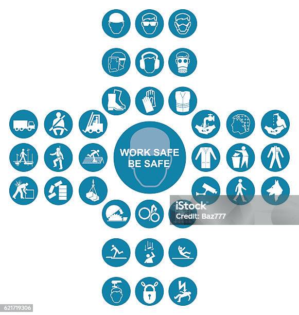 Blue Cruciform Health And Safety Icon Collection Stock Illustration - Download Image Now - Icon Symbol, Safety, Protective Workwear