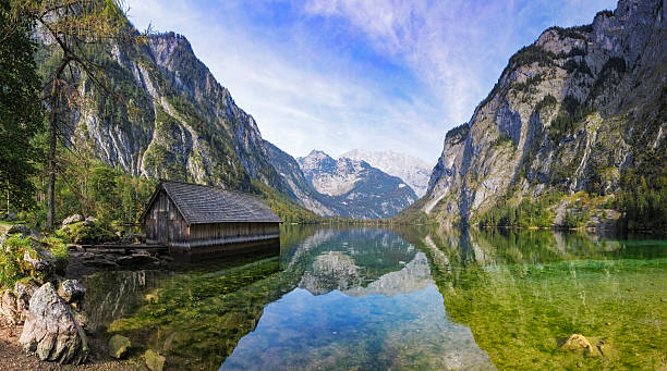 boathouse on obersee near königssee in nationalpark berchtesgaden - konigsee stock-fotos und bilder