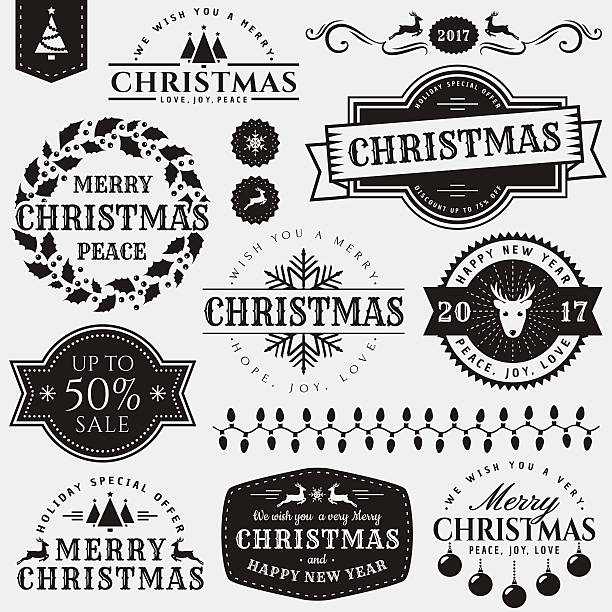 Christmas and New Year design elements. Christmas and New Year decorative elements isolated on white background. Set of typography badges for greeting card, sale label, page and web decoration or other holiday design. Vector illustration. dingbat stock illustrations