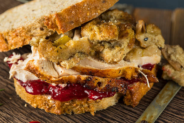 sandwich à la dinde de thanksgiving fait maison - sandwich turkey cranberry cheese photos et images de collection