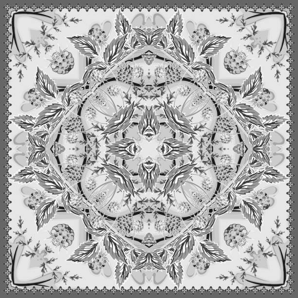 authentic silk neck scarf or kerchief square pattern design in Floral tablecloth background. Strawberry authentic silk neck scarf or kerchief square pattern design for print on fabric, vector illustration. Gray colors silk scarf stock illustrations