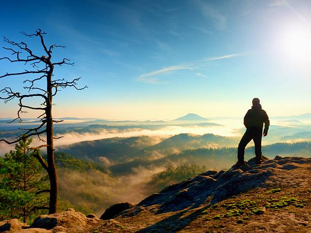 istock Sunny fall morning. Hiker  standing on peak of rock peak 621820384