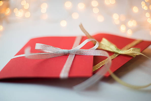 close up of two red greeting cards stock photo