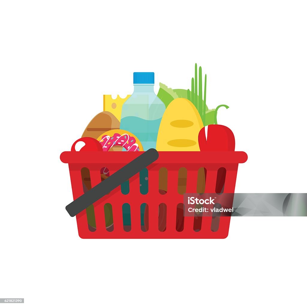 Grocery shopping basket vector illustration, full of healthy groceries products Grocery basket vector illustration, full of healthy groceries products shopping basket flat cartoon style, food and drinks in supermarket basket concept, food shopping icon Groceries stock vector