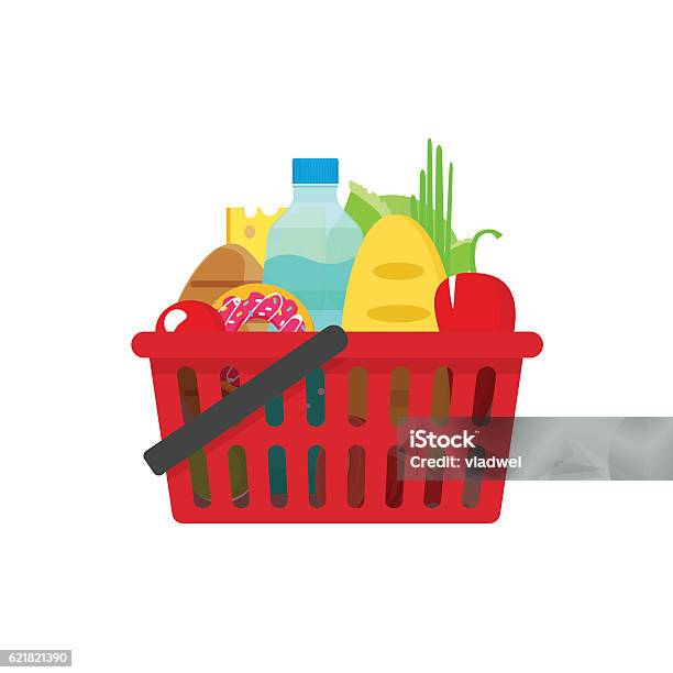 Grocery Shopping Basket Vector Illustration Full Of Healthy Groceries Products Stock Illustration - Download Image Now