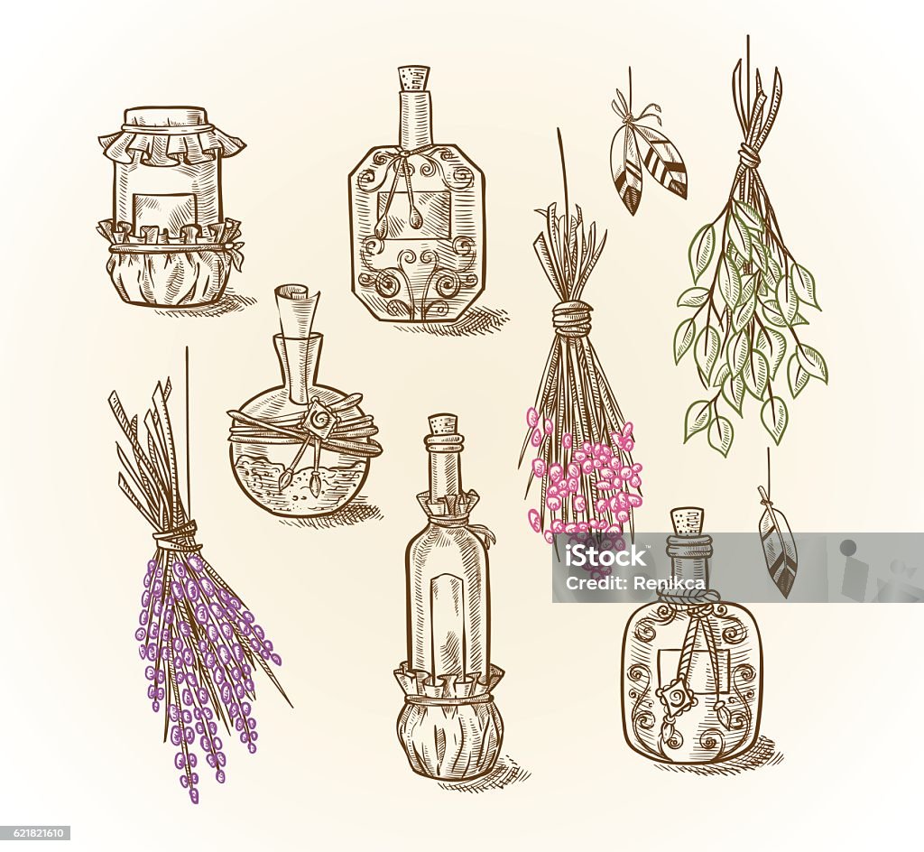 Set of different bottles and cans magic potions and liquids Set of different bottles and cans magic potions and liquids to the magic of cooking or kitchen design with dried flowers and feathers    Laboratory stock vector