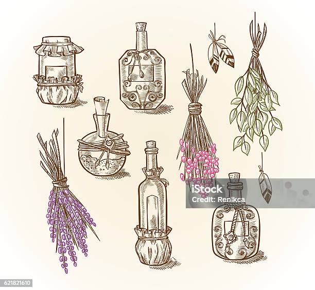 Set Of Different Bottles And Cans Magic Potions And Liquids Stock Illustration - Download Image Now