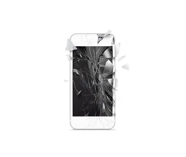 Photo of Broken mobile cell phone screen, scattered shards, isolated.