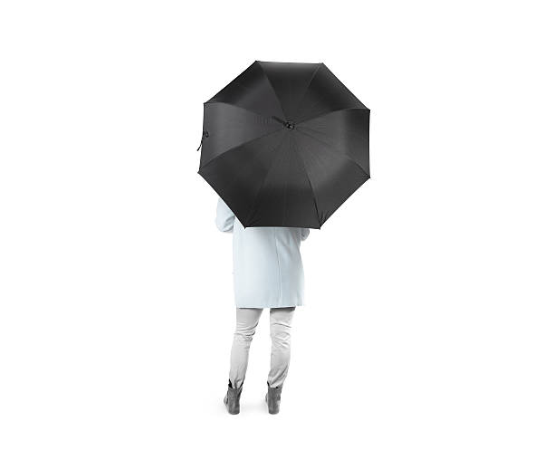 istock Lady stand backwards black blank umbrella opened mockup, clipping path 621822990
