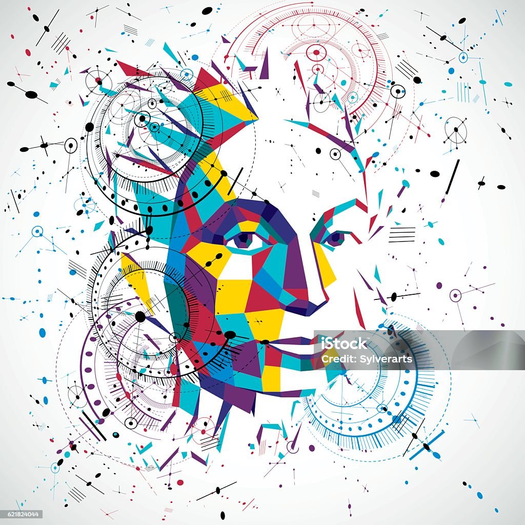 Artificial intelligence head, low poly style 3d vector wireframe Artificial intelligence head, low poly style 3d vector wireframe object broken into different particles. Modernistic background can be used in projects on subject of human mind and consciousness. Blueprint stock vector