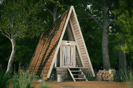 Wooden triangle house in the forest