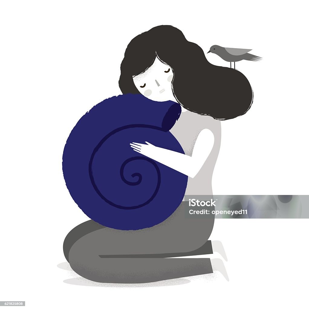 Girl with seashell Vector illustration of a psychological theme. The sad girl with seashell. Introvert Consoling stock vector