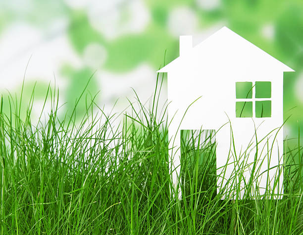 istock Small house from white paper in grass on abstract green. 621825862