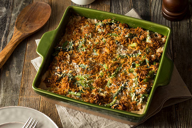 Homemade Green Bean Casserole Homemade Green Bean Casserole with Fried Onions thanksgiving full stock pictures, royalty-free photos & images