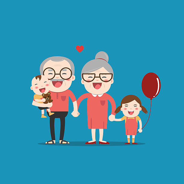 dziadkowie i wnuki. szczęśliwi dziadkowie - grandparent grandfather grandchild grandmother stock illustrations
