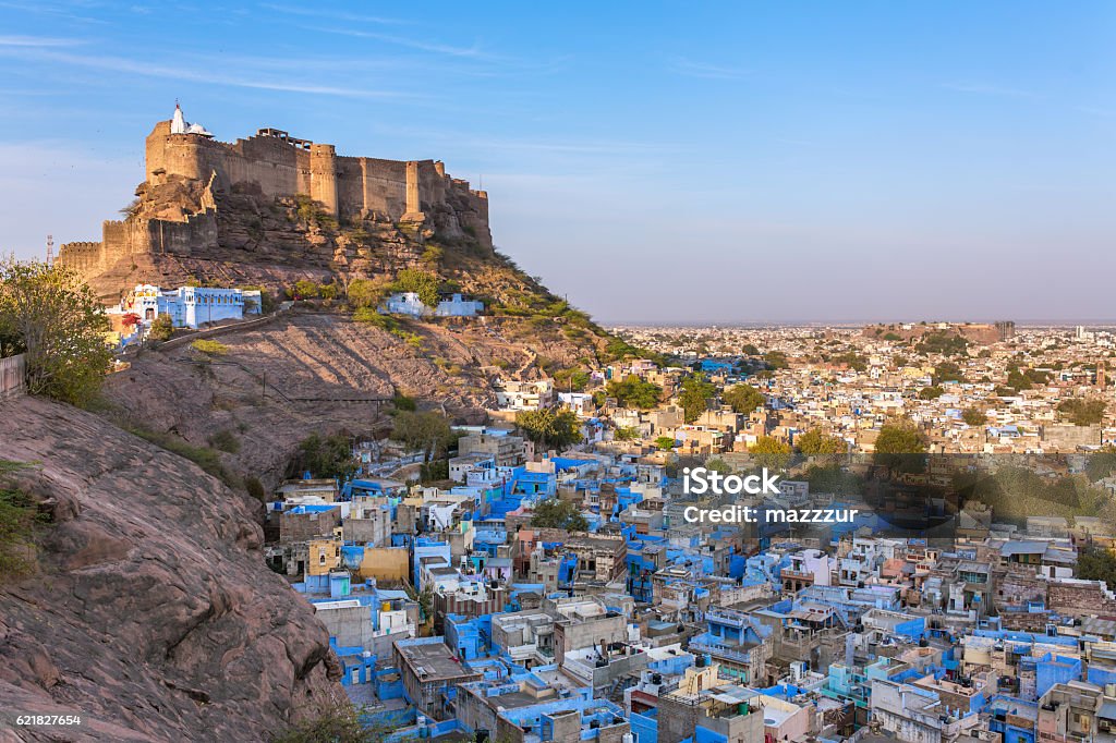 Mehrangarh fort on the hill in Jodhpur, Rajasthan, India Blue city and Mehrangarh fort on the hill in Jodhpur, Rajasthan, India Jodhpur Stock Photo