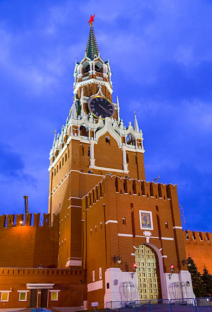 istock Spasskaya clock tower decorated by the red ruby star on 621830098