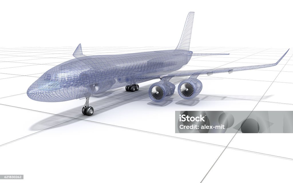 Airplane wire model , isolated on white. 3D illustration Plan - Document Stock Photo