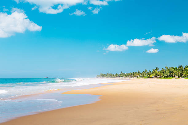 Blue ocean waves at Weligama Beach, Hikkaduwa. Sri Lanka. Blue sky with few clouds on the background. Shot with Canon 5D mk III