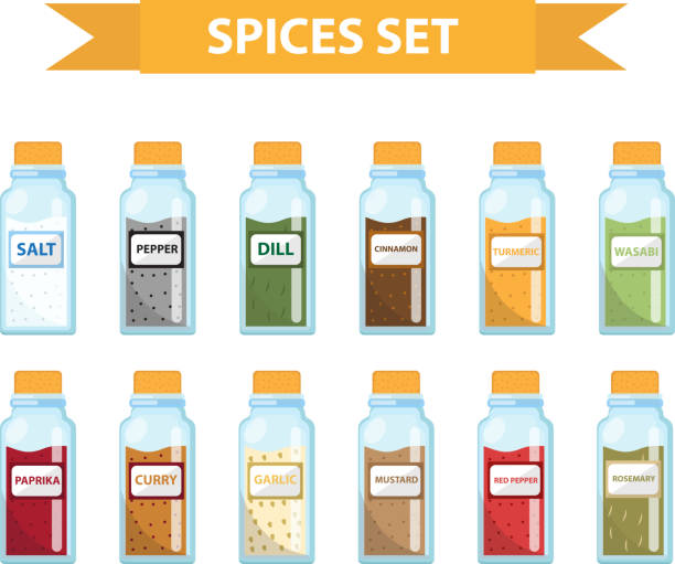 Set spices in jars, flat style. Set  spices, herbs Set spices in jars, flat style. Set of different spices, herbs in a glass jar, isolated icons on a white background. Spices, seasonings in a glass jar, a design element. Vector illustration river salt stock illustrations