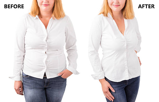 Woman posing before and after successful diet Woman posing before and after successful diet defeat stock pictures, royalty-free photos & images