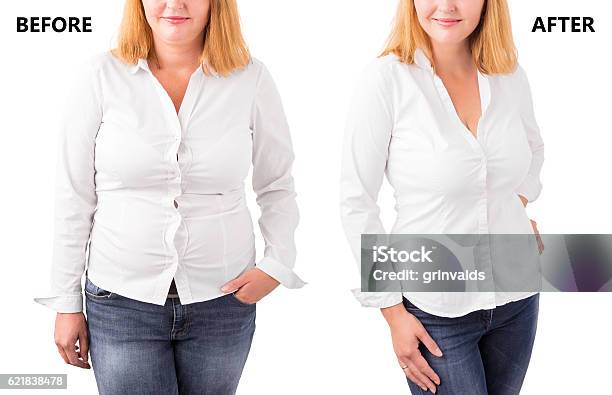 Woman Posing Before And After Successful Diet Stock Photo - Download Image Now - Dieting, Before and After, Mass - Unit of Measurement