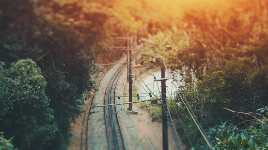 True tilt shift shooting of railway in jungle forest of Rio de Janeiro, a lot of wires, sunny summer day, Brazil