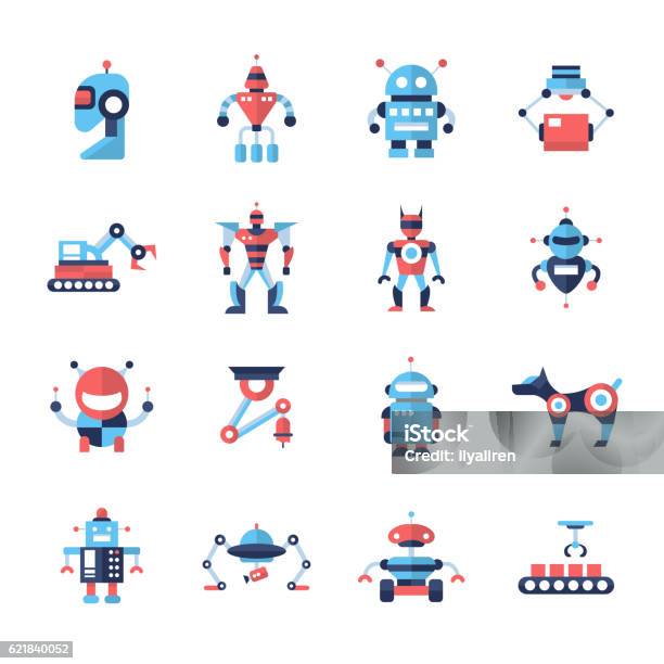Roboter Flache Designicons Gesetzt Stock Vektor Art und mehr Bilder von Roboter - Roboter, Industrieroboter-Arm, Icon
