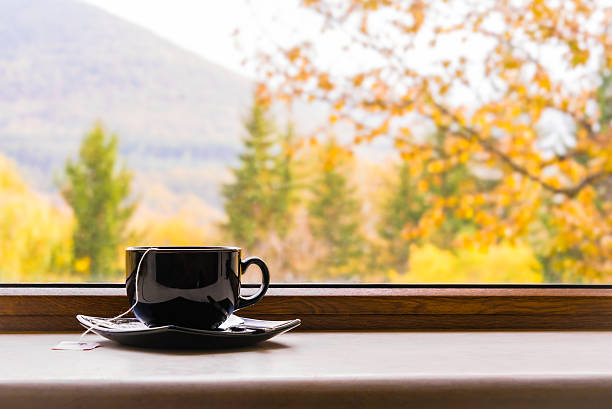 taza de té frente a la ventana con vista al otoño. - alféizar de la ventana fotografías e imágenes de stock