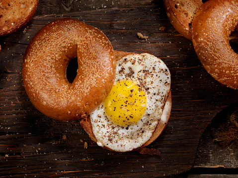 Toasted Bagel With a Sunnyside up Egg - Photographed on a Hasselblad H3D11-39 megapixel Camera System