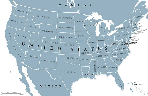 USA United States of America political map USA United States of America political map with capital Washington, single states, neighbor countries and borders, except Hawaii and Alaska. Gray colored illustration with English labeling and scaling. mid atlantic usa stock illustrations