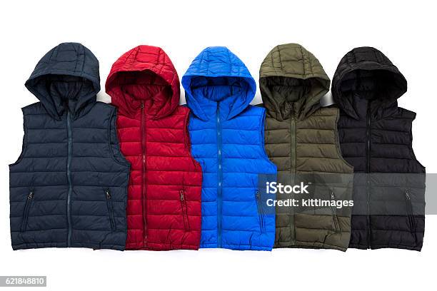 Weste Daunenjacke Gruppe Auf Hintergrund Stockfoto und mehr Bilder von Blau - Blau, Cool und Lässig, Design