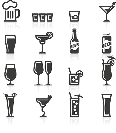 Alcoholic drinks, bottles and glasses representing alcohol beverages such as beer, lager, cocktails, liquor, whisky, chasers and shots.