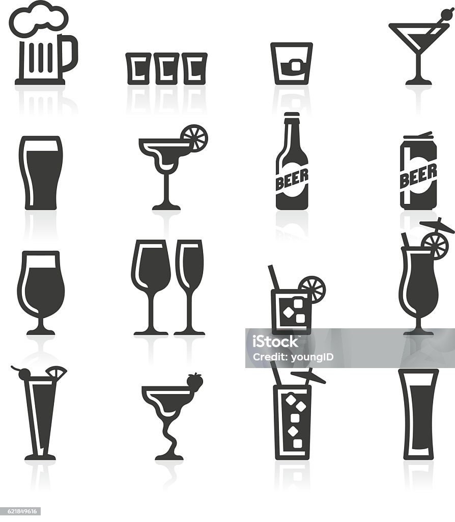 Alcoholic drinks icons Alcoholic drinks, bottles and glasses representing alcohol beverages such as beer, lager, cocktails, liquor, whisky, chasers and shots. Icon Symbol stock vector