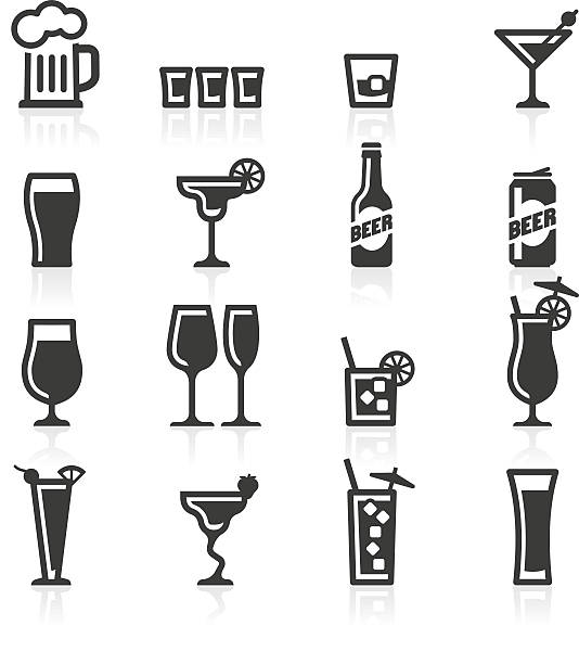 Alcoholic drinks icons Alcoholic drinks, bottles and glasses representing alcohol beverages such as beer, lager, cocktails, liquor, whisky, chasers and shots. beer bottle illustrations stock illustrations