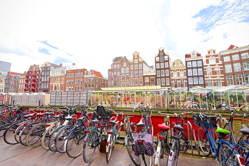 Flower market in Amsterdam (Bloemenmarkt) and bicycles, super-wide angle