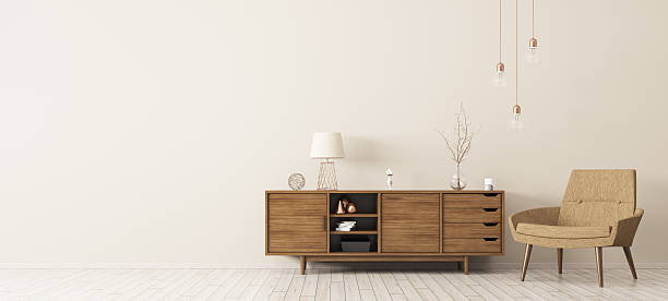 interior with wooden cabinet and armchair 3d rendering - sideboard imagens e fotografias de stock