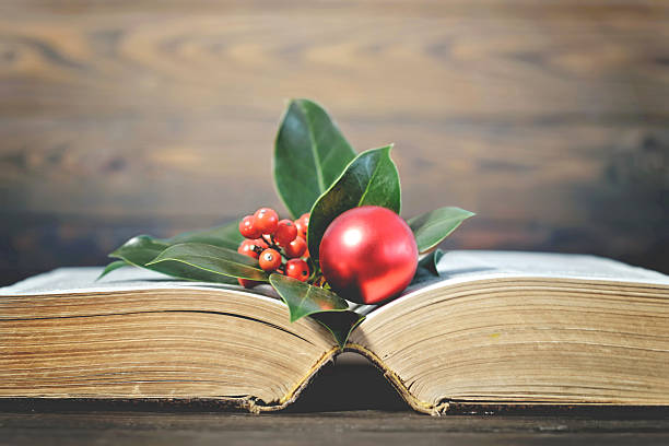 istock Old book and Christmas decoration 621856092