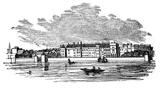 An image of The Thames and Somerset House in London  from an 1893 antique book \