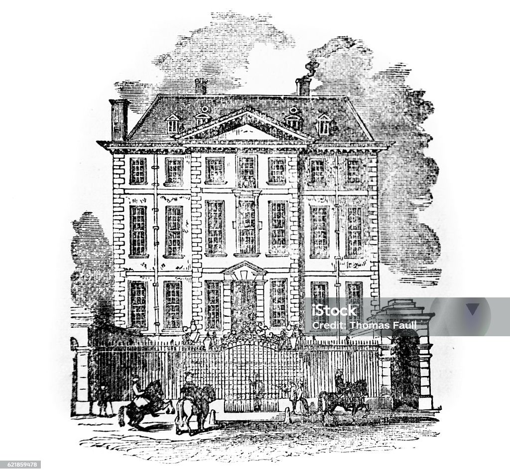 Hand drawn illustration of Newcastle House An image of Newcastle House from an 1893 antique book "The Town" by Leigh Hunt, featuring many famous London landmarks. Illustration Stock Photo