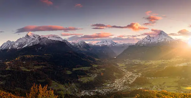 Panorama from Berchtesgaden in Upper Bavaria, Germany at sunrise.