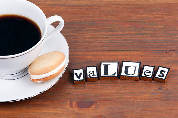 istock Coffee cup on a wooden table and text - Values 621862778