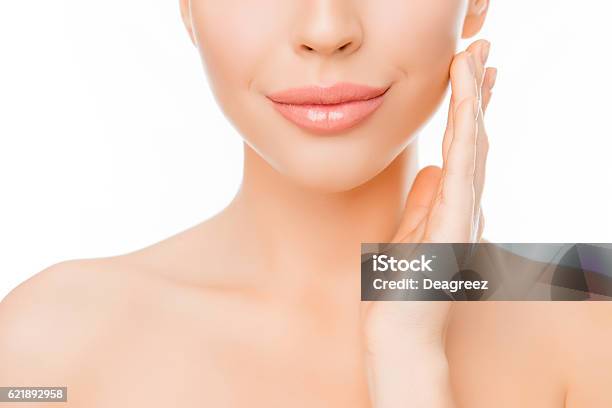 Woman With Perfect Skin Applying Cream On Face Stock Photo - Download Image Now - Human Lips, Dermal Filler, Botulinum Toxin Injection