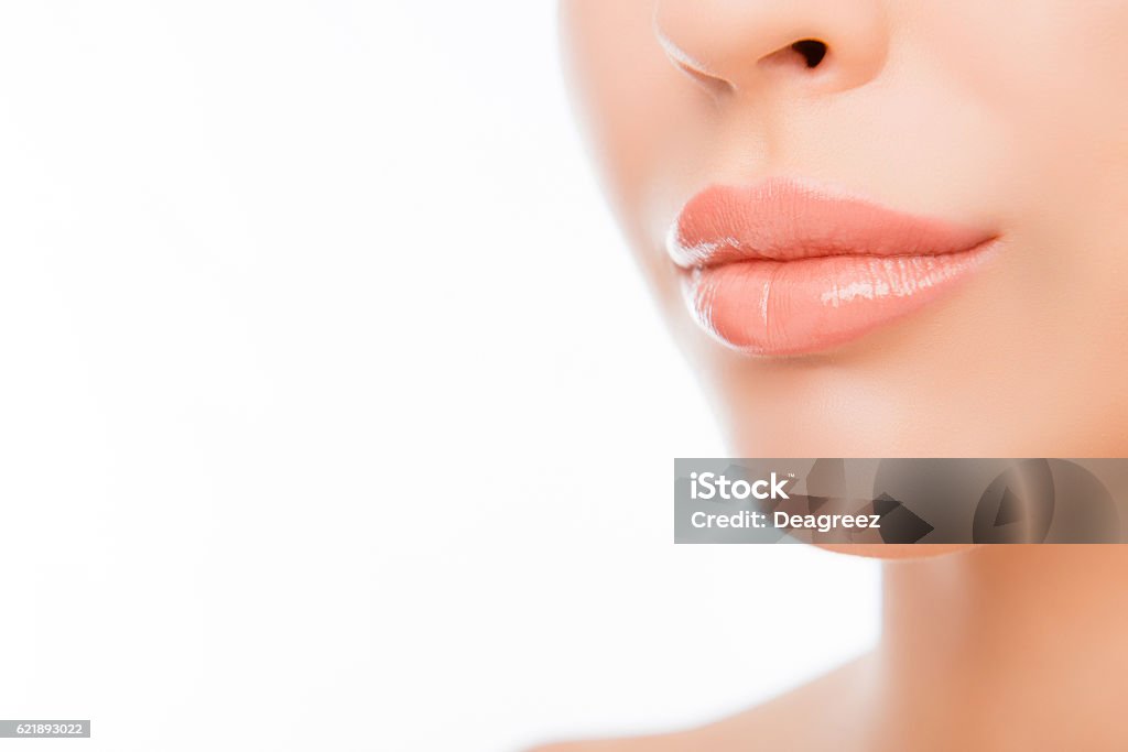 woman's lips with natural make up on white background - Royaltyfri Människoläppar Bildbanksbilder