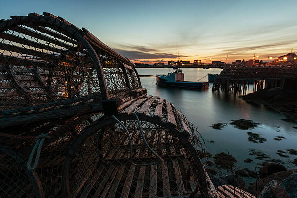 Lobster Traps in Twilight Wooden lobster traps are stacked on the wharf of a Nova Scotian fishing village in dusk light.  Long exposure. crustacean photos stock pictures, royalty-free photos & images