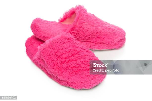 Pink Slippers Stock Photo - Download Image Now - Slipper, Fluffy, White Background