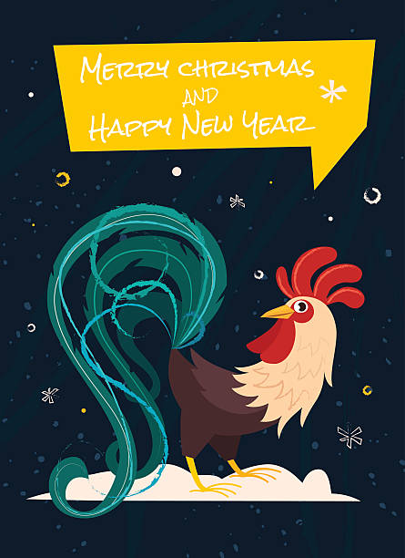Greeting card with stylized rooster and snow vector art illustration