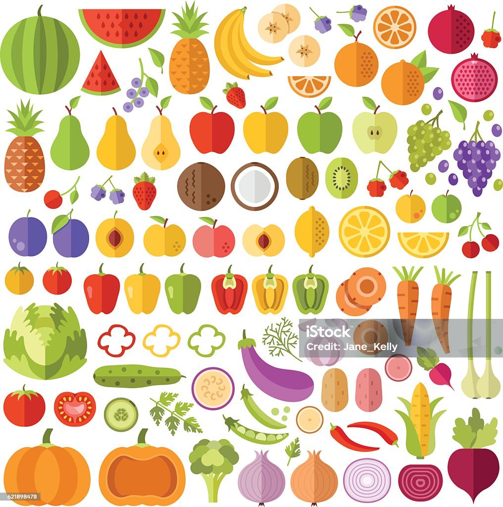 Conjunto de iconos planos de frutas y verduras. Iconos vectoriales, ilustraciones vectoriales - arte vectorial de Fruta libre de derechos