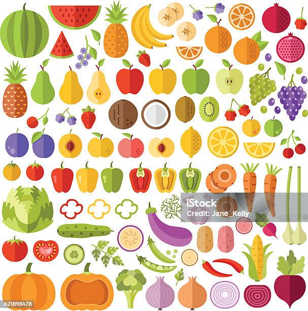 Ilustración de Conjunto De Iconos Planos De Frutas Y Verduras Iconos Vectoriales Ilustraciones Vectoriales y más Vectores Libres de Derechos de Fruta
